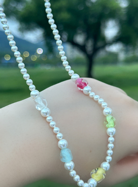 正圆施家珍珠项链轻奢小众原创设计五色水晶手工串珠锁骨链纯银扣