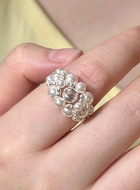 施家珍珠戒指纯银女轻奢高级感小众设计食指戒原创设计风指环气质