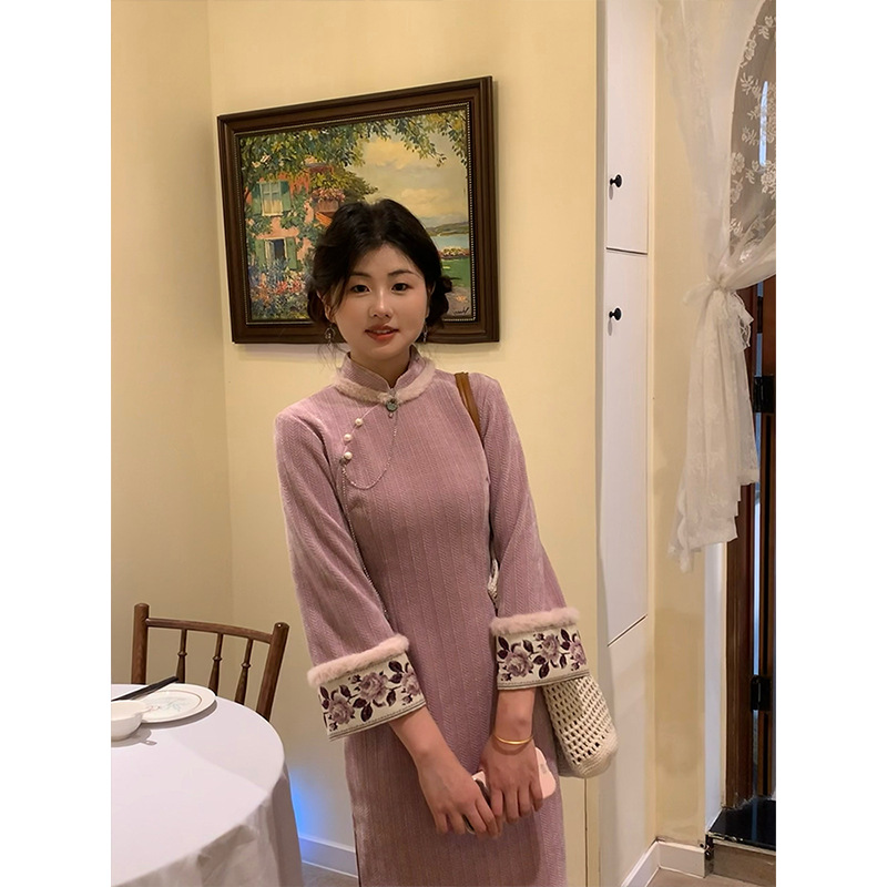 暖暖向紫《星落成糖》复古国风日常旗袍新中式秋冬长袖连衣裙女 - 图3