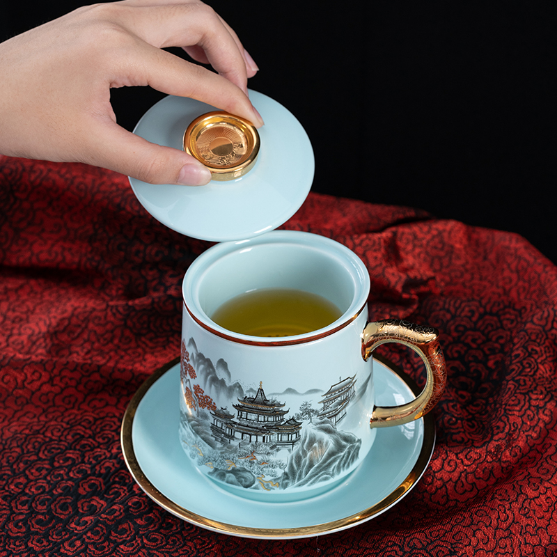 故宫文创松石绿高档鎏金杯子陶瓷水杯家用茶杯周年会伴手礼品定制
