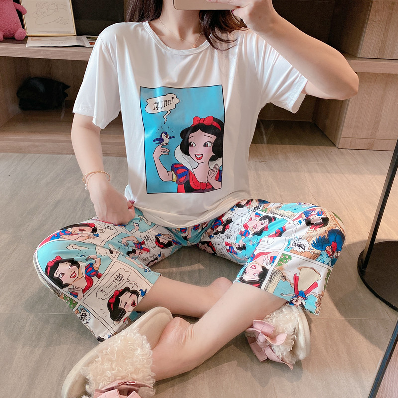 蒙巴威旗舰店夏季睡衣女短袖套装半袖七分裤两件套韩版清新可爱中裤家居服0