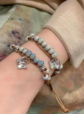 新中式蝴蝶陶瓷串珠编织手链女秋季2024新款复古国潮民族风手饰品