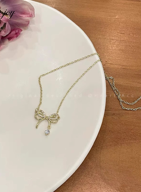 蝴蝶结锆石锁骨链女夏季轻奢高级感气质百搭配饰时尚个性简约项链