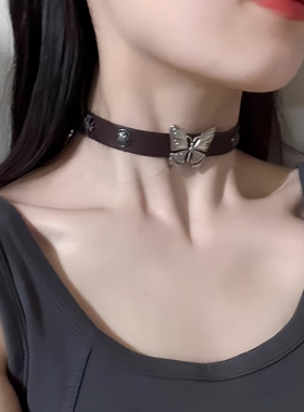 复古蝴蝶皮带辣妹棕色颈环choker颈链项圈朋克颈带锁骨链项链女潮