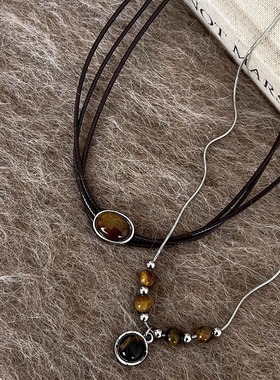 复古皮革虎眼石项链女中式叠戴