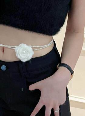 法式山茶花珍珠项链轻奢小众设计高级感长款腰链小香风身体链颈链