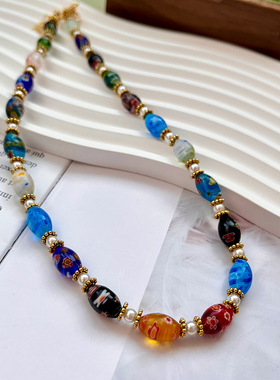 复古千花琉璃混彩配施家琉璃珍珠小清新项链春夏青岛饰品高级配饰