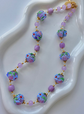 复古意大利透紫色穆拉诺琉璃项链手链耳钩中古饰品外贸高级配饰