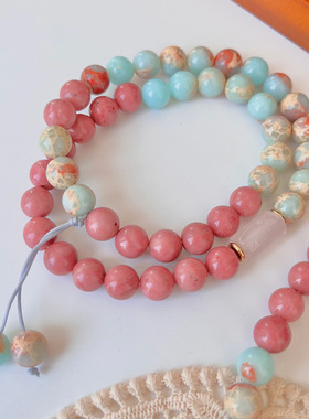 天然寿山石配蔷薇木纹石天然石项链手串套装手工设计小众简约气质