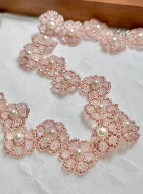法式轻奢粉色米珠花朵choker透粉色卡脖 时尚饰品百搭