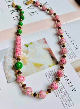 复古粉绿蛙皮琉璃项链vintage手链套装青岛中古新中式简约气质