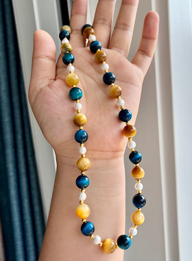 复古金色蓝色虎眼石配施家琉璃珍珠项链手链天然石夏季高级感配饰