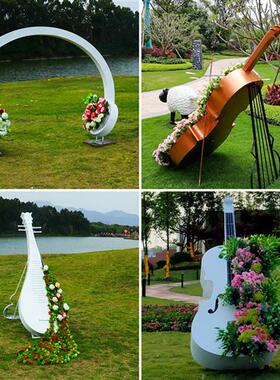 不锈钢大提琴花架金属音符雕塑摆件户外婚礼园林草坪景观装饰美陈
