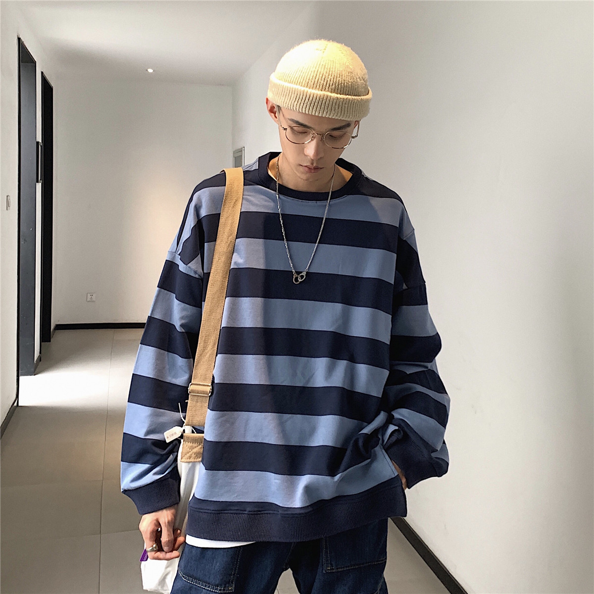 条纹套头男港风韩版潮流宽松卫衣 vhs卫衣