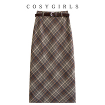 Bag Hip Skirt Winter New Merillard Plaid a high waist straight cylinder open fork with a long fur and a half body skirt woman