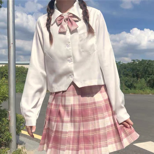 jk制服纯色衬衫女夏季基础款奶白色衬衣日系长袖短袖宽松短款上衣 - 图2