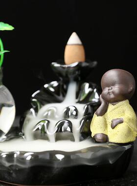 陶瓷倒流香炉家居摆件小沙弥塔香炉 创意水培荷花倒流香炉