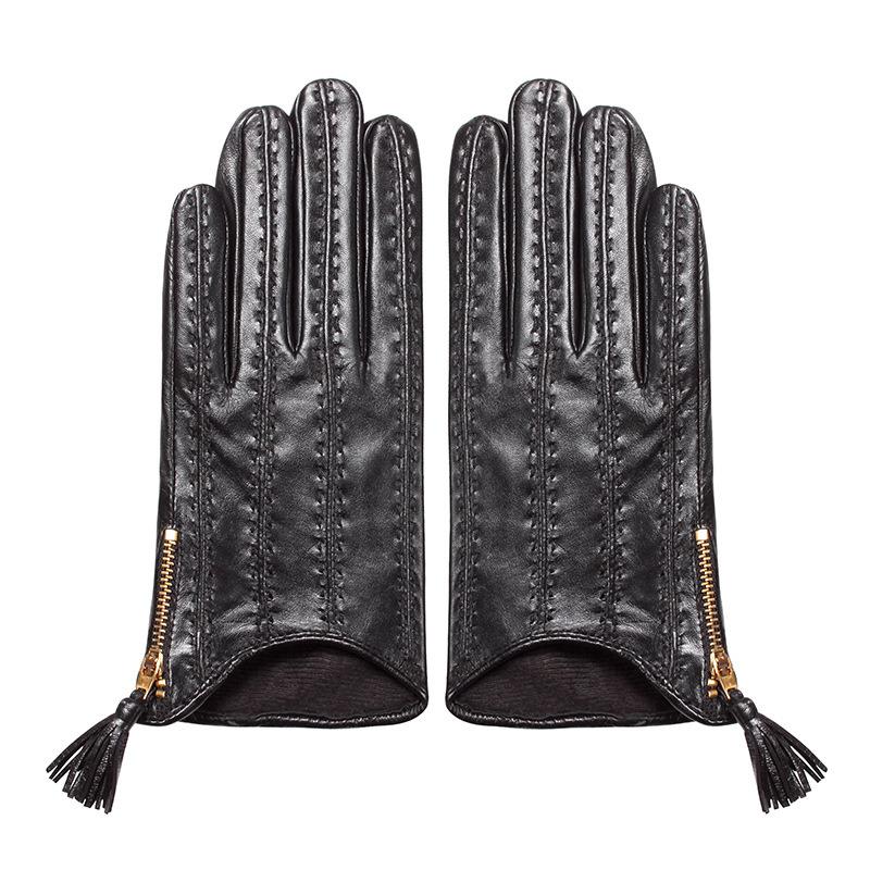 秋冬时尚欧美手套女士户外电车骑行保暖防风拉链羊皮手套薄款定制