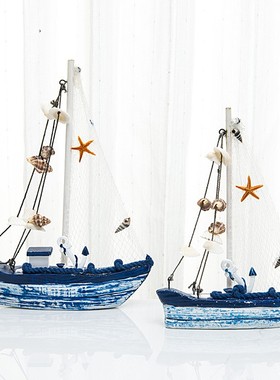 地中海手工做旧木制模型一帆风顺客厅摆件蓝白贝壳礼品定制