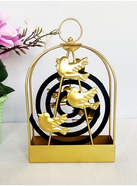 直销创意鸟笼蚊香架金色蚊香盘防火接灰盒铁线熏香架家居摆件定制
