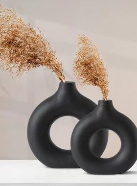 创意甜甜圈ins风黑色陶瓷花瓶摆件 客厅插花餐桌软装饰品花器