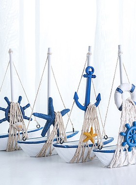 地中海实木手工模型 棉网小船创意家居装饰摆件 工艺礼品摆设定制