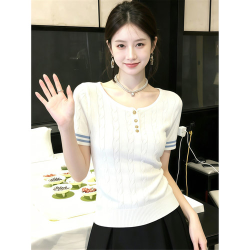 韩系复古麻花条纹正肩t恤女短袖夏季薄款修身显瘦冰丝针织衫上衣 - 图1