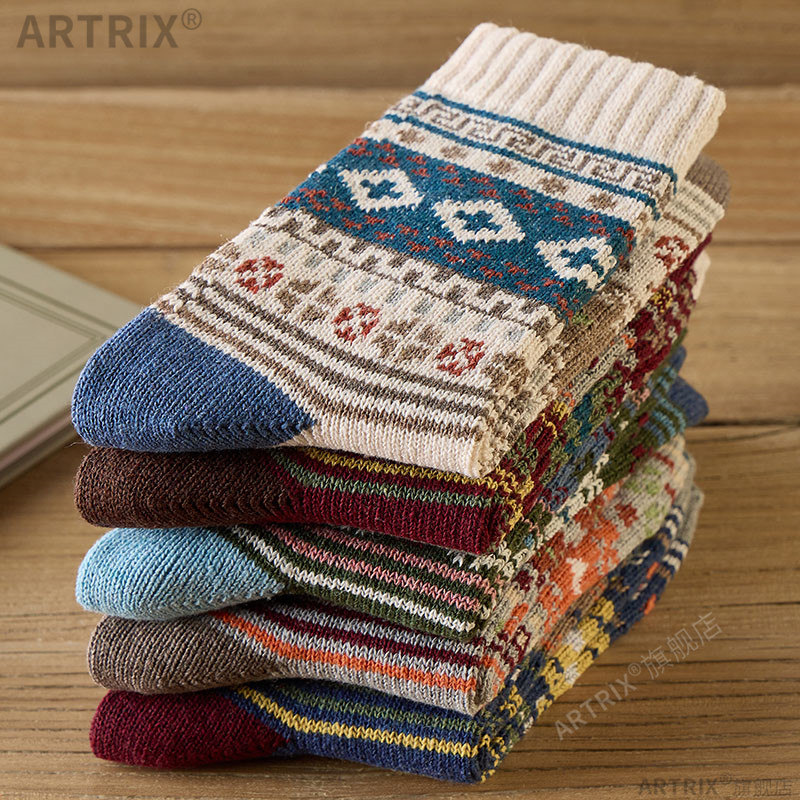 冬季花袜子男长筒袜男士民族风冬款厚粗线保暖加厚百搭ins潮中筒 - 图1