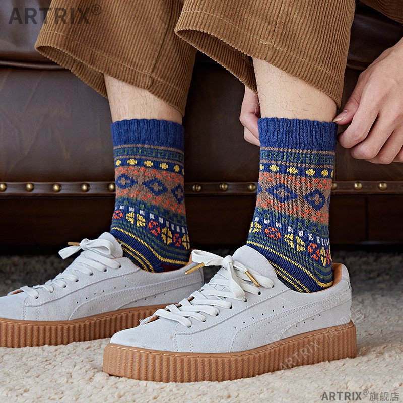 冬季花袜子男长筒袜男士民族风冬款厚粗线保暖加厚百搭ins潮中筒 - 图0