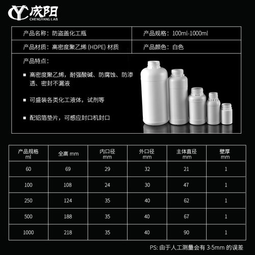 防盗盖化工高密度瓶聚乙烯HDPE材质塑料大口瓶加厚氟化瓶60/100/250/300/500/1000ml试剂瓶液体分装瓶 - 图1