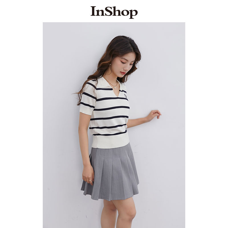 【商场同款】INSHOP新款少女减龄短袖t恤女刺绣条纹修身针织上衣-图2