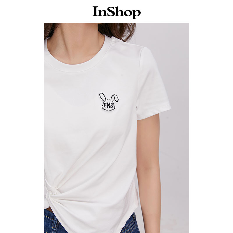 【商场同款】INSHOP新款少女感减龄兔子短袖t恤女设计感扭结上衣-图0