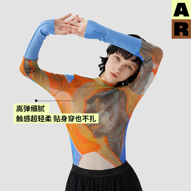 AR原创古典涂鸦印花网纱打底衫女春夏2024新款复古上衣a线设计线 - 图2