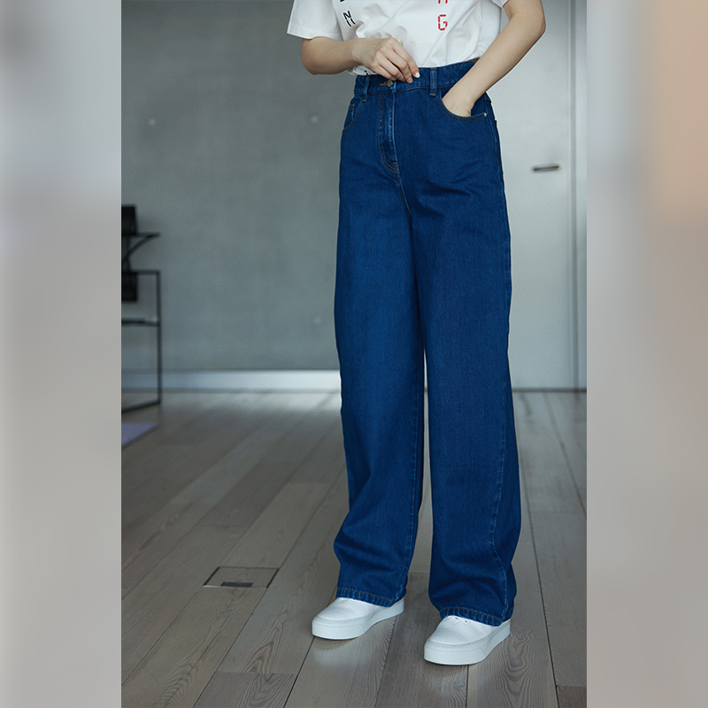 WinnieTang“一抹深蓝”棉质牛仔造型感香蕉裤复古蓝显瘦长裤-图3