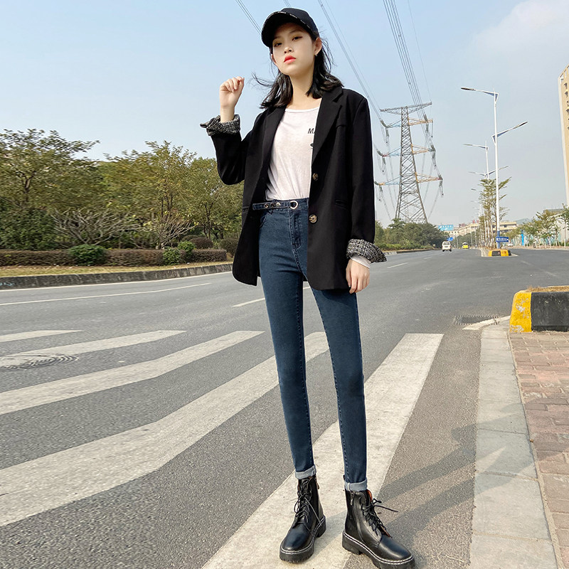 高腰黑色秋季胖mm弹力200斤牛仔裤 岳境牛仔裤