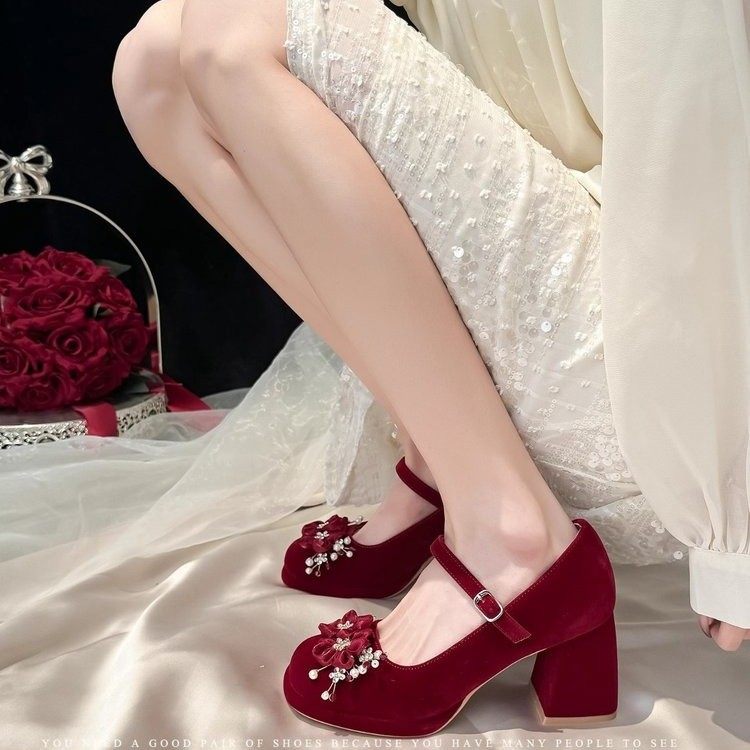 红色玛丽珍高跟鞋女配裙子订婚粗跟单鞋禾秀主婚纱两穿新娘订婚鞋,淘宝优惠券,粉丝福利购,淘宝优惠卷
