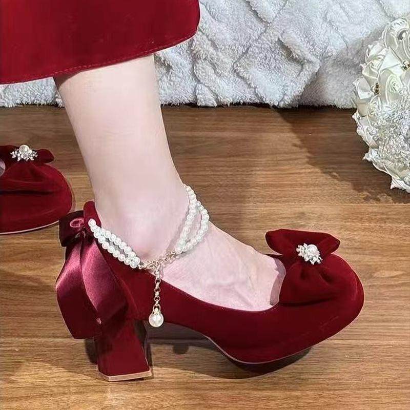 红色低跟订婚鞋新娘鞋不累脚禾秀敬酒服法式绝美玛丽珍粗跟高跟鞋,淘宝优惠券,粉丝福利购,淘宝优惠卷