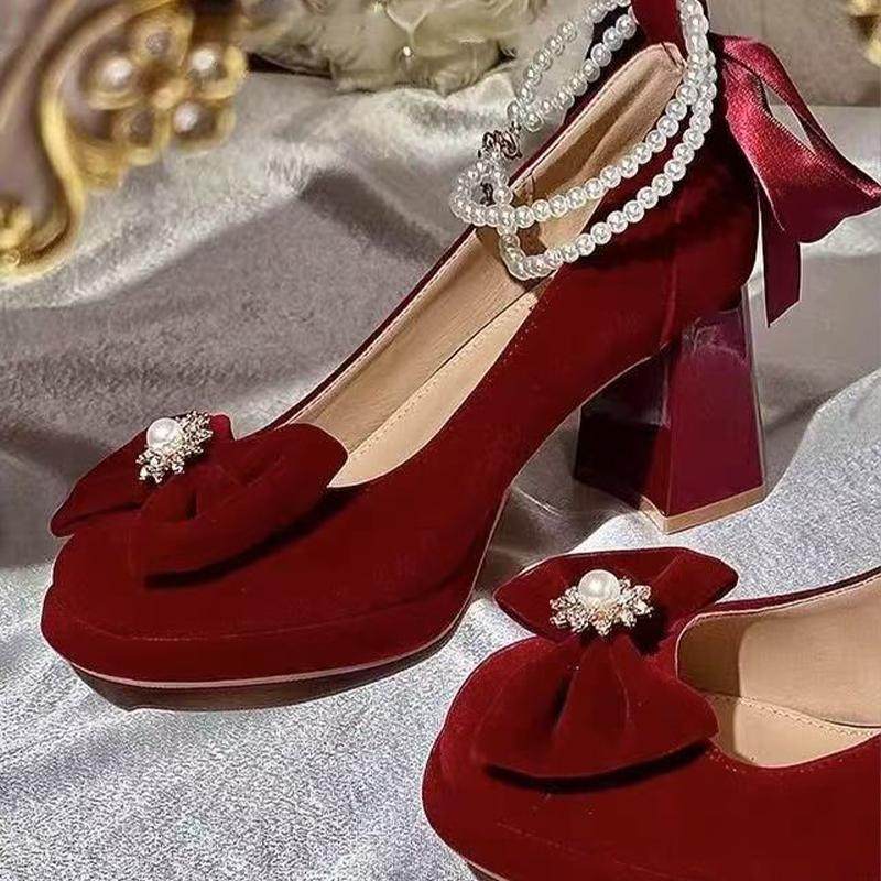红色低跟订婚鞋新娘鞋不累脚禾秀敬酒服法式绝美玛丽珍粗跟高跟鞋,淘宝优惠券,粉丝福利购,淘宝优惠卷
