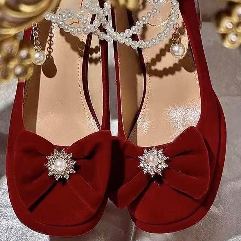 红色低跟订婚鞋新娘鞋不累脚禾秀敬酒服法式绝美玛丽珍粗跟高跟鞋,淘宝优惠券,粉丝福利购,淘宝优惠卷