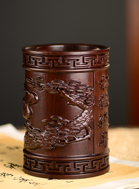 笔筒黑檀木雕松鹤延年笔筒工艺品