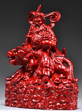 红色木雕刻武财神骑虎赵公明神像