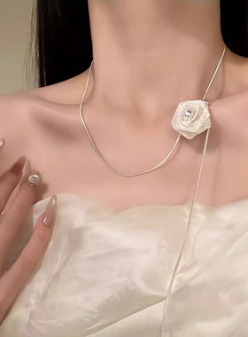 韩系闪钻网纱山茶花朵项链