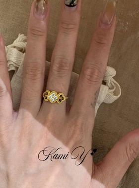 独特设计复古虎眼石四叶花戒指