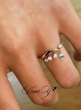 清冷感灵动水滴锆石流苏戒指女