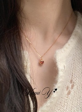 韩系简约镶钻红宝石金色爱心项链