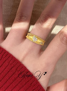 中古金色拉丝满钻葫芦戒指女轻奢