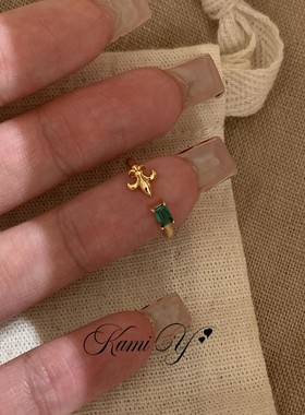 中古拉丝鸢尾花绿方糖开口戒指女