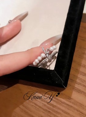 小众设计银色蝴蝶结珍珠戒指女