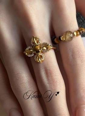 复古美拉德虎眼石闪钻戒指百搭女