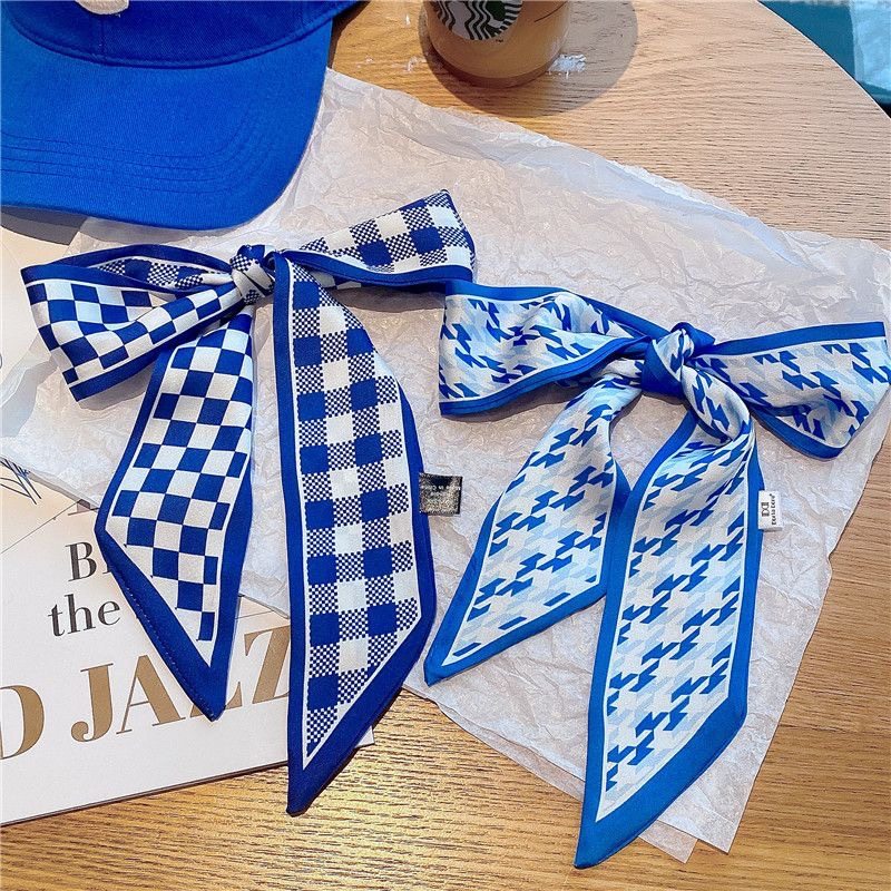 克莱因蓝色丝巾小领巾春夏新品棋盘格发带飘带围巾秋季装饰女绑发,淘宝优惠券,粉丝福利购,淘宝优惠卷